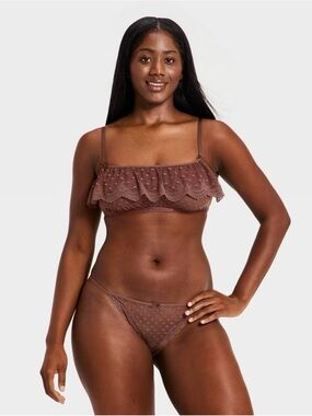 Lace Ruffle Bralette and Bikini Set - Brown